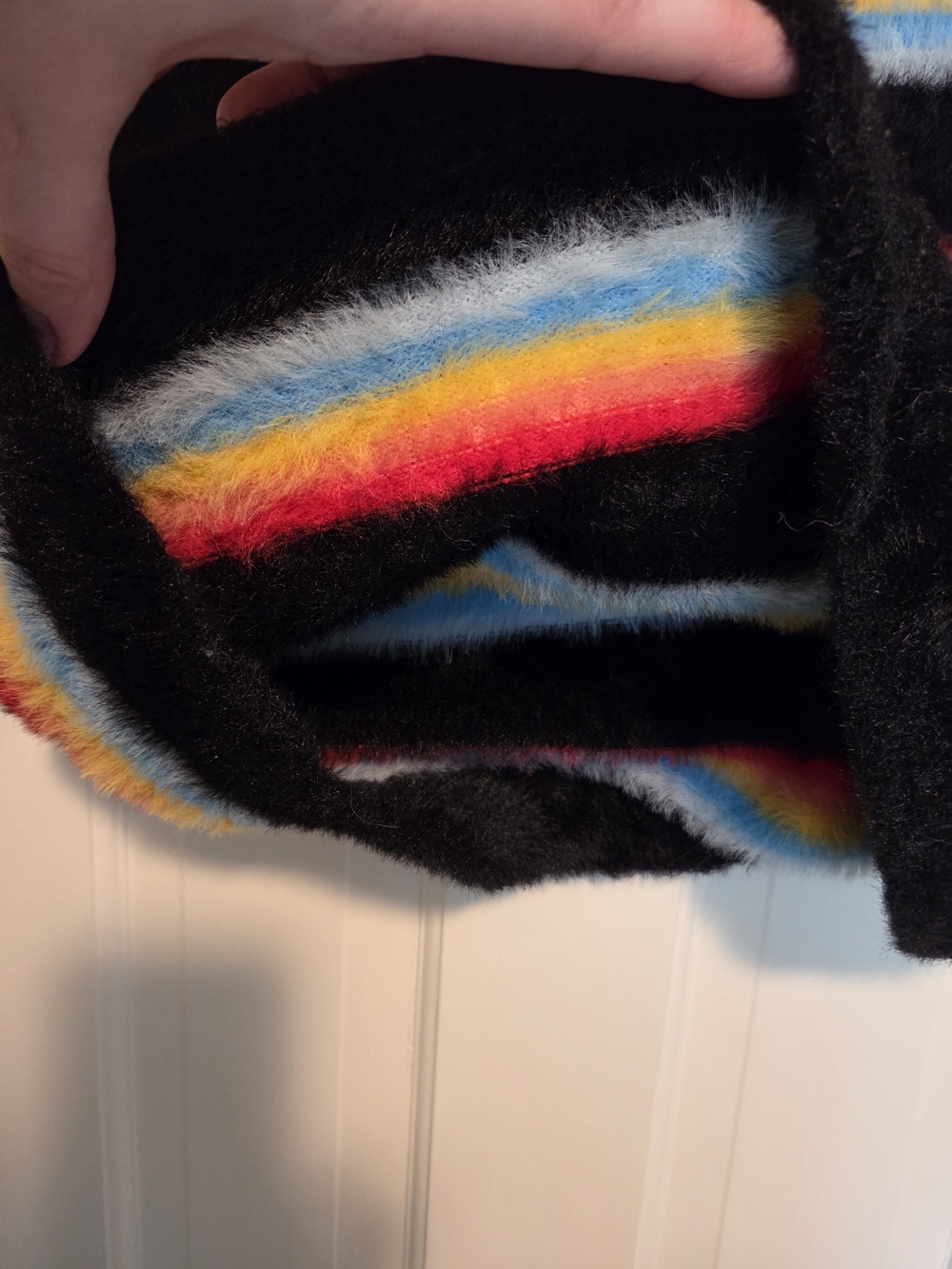 No Boundaries Black Fuzzy Short Sleeve Tee with Rainbow Stripes - Picture 7 of 7